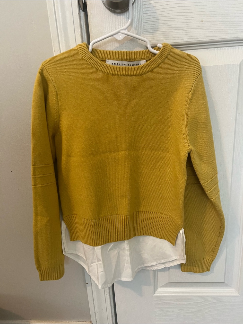NWOT English Factory Recess Mustard Crewneck Sweater with Layered Shirt Hem